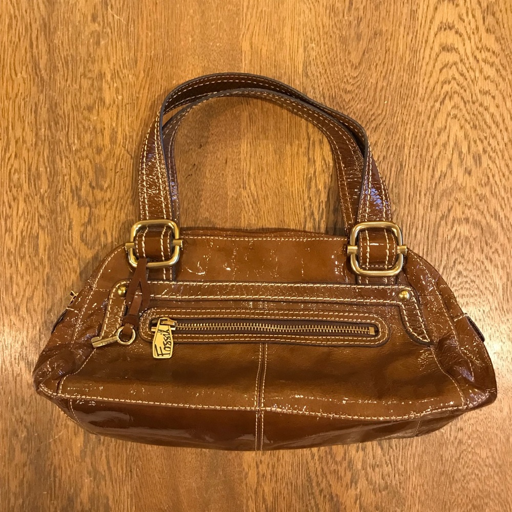 Fossil Brown Patent Leather Satchel Handbag EUC
